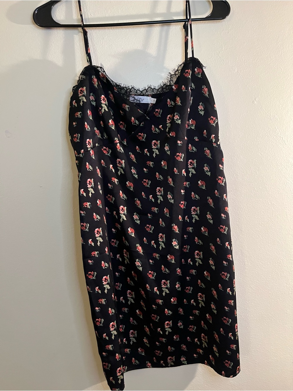 Floral Lace-Trim Slip Dress - Black with Pink Floral